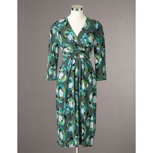 Boden Green Blue Floral Geometric Print Drapey Surplice 3/4 Sleeves Jersey Dress